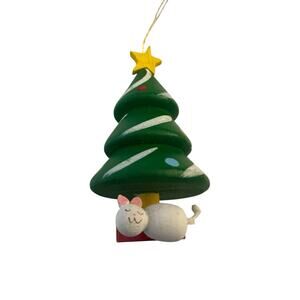 Vintage Dakin Wooden Christmas Tree & Cat Hanging Ornament HandPainted 3”